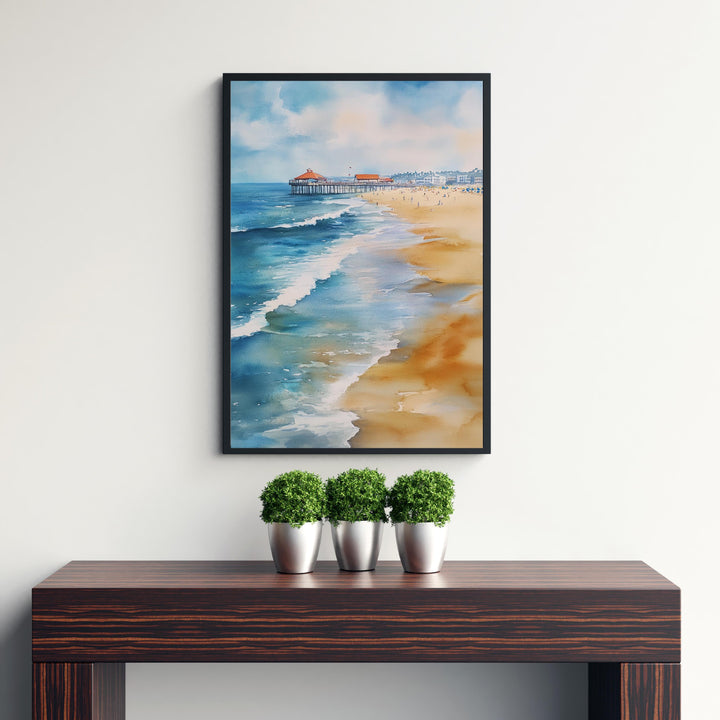 Huntington Beach Watercolor Painting California Beach Art Huntington Beach Poster Watercolor Coastal Landscape Surf Art Scenic Beach Decor