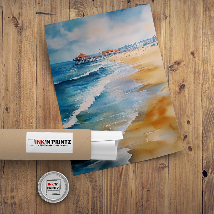 Huntington Beach Watercolor Painting California Beach Art Huntington Beach Poster Watercolor Coastal Landscape Surf Art Scenic Beach Decor