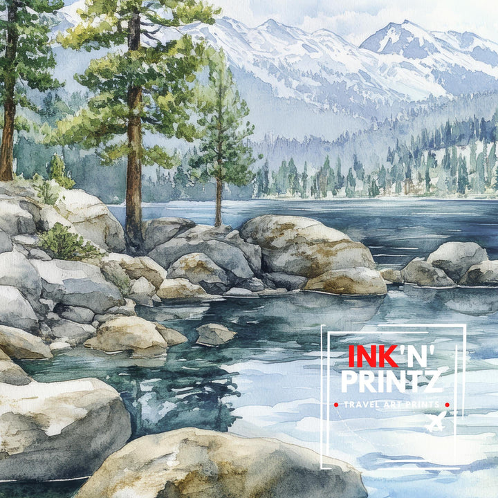 Lake Tahoe Watercolor Painting Lake Tahoe Landscape Art Watercolor Nature Poster Scenic Lake Tahoe Art Mountain Lake Decor