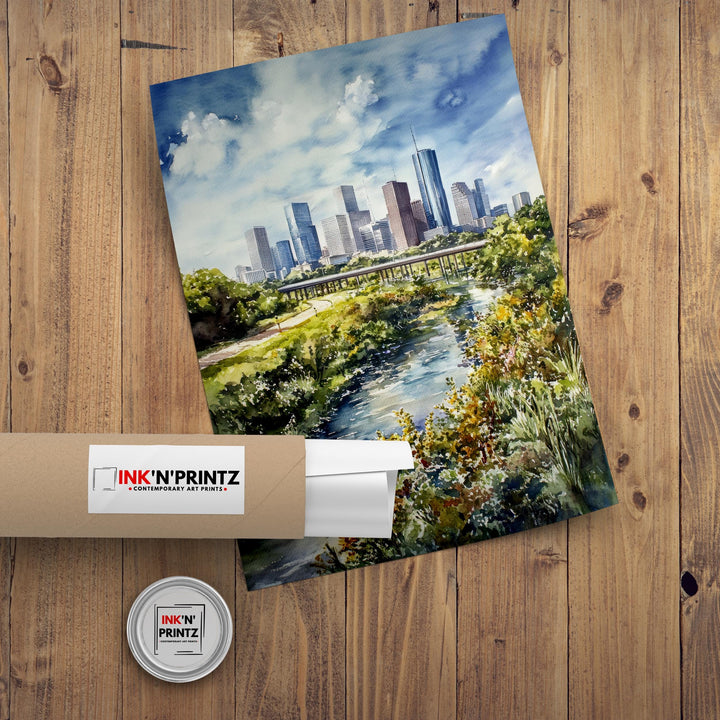Houston Watercolor Painting Texas City Art Houston Skyline Poster Urban Watercolor Landscape Houston Wall Art Scenic Houston Decor