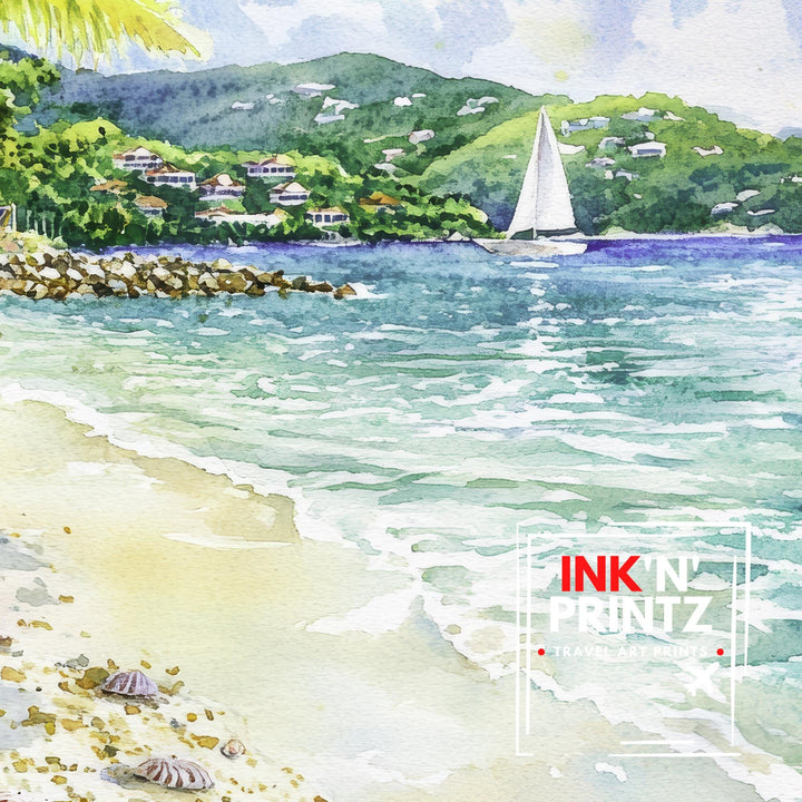 Virgin Islands Watercolor Painting Caribbean Art Virgin Islands Poster Tropical Seascape Watercolor Coastal Decor