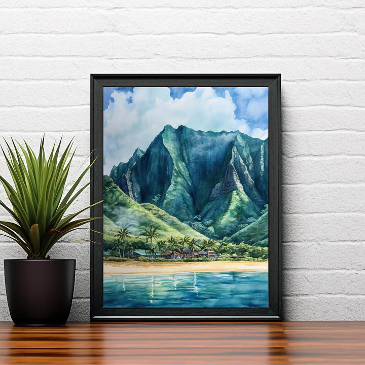 Oahu Watercolor Painting Hawaii Landscape Art Oahu Poster Scenic Hawaiian Art Watercolor Beach Decor Tropical Island Art