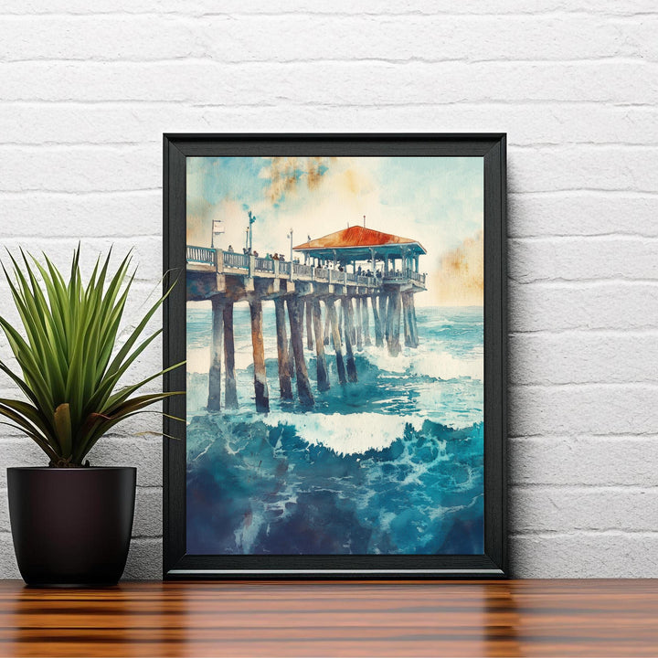 Huntington Beach Watercolor Painting California Beach Art Huntington Beach Poster Watercolor Coastal Landscape Surf Art Scenic Beach Decor