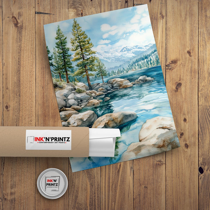 Lake Tahoe Watercolor Painting Lake Tahoe Landscape Art Watercolor Nature Poster Scenic Lake Tahoe Art Mountain Lake Decor
