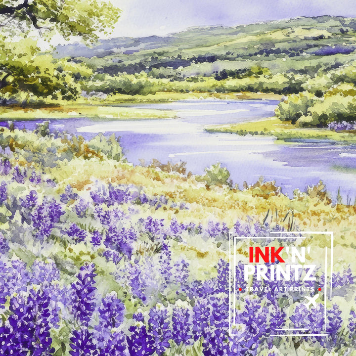 Texas Hill Country Watercolor Painting Texas Landscape Art Watercolor Hill Country Poster Scenic Texas Art Wildflower Decor