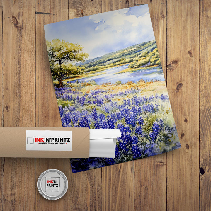 Texas Hill Country Watercolor Painting Texas Landscape Art Watercolor Hill Country Poster Scenic Texas Art Wildflower Decor
