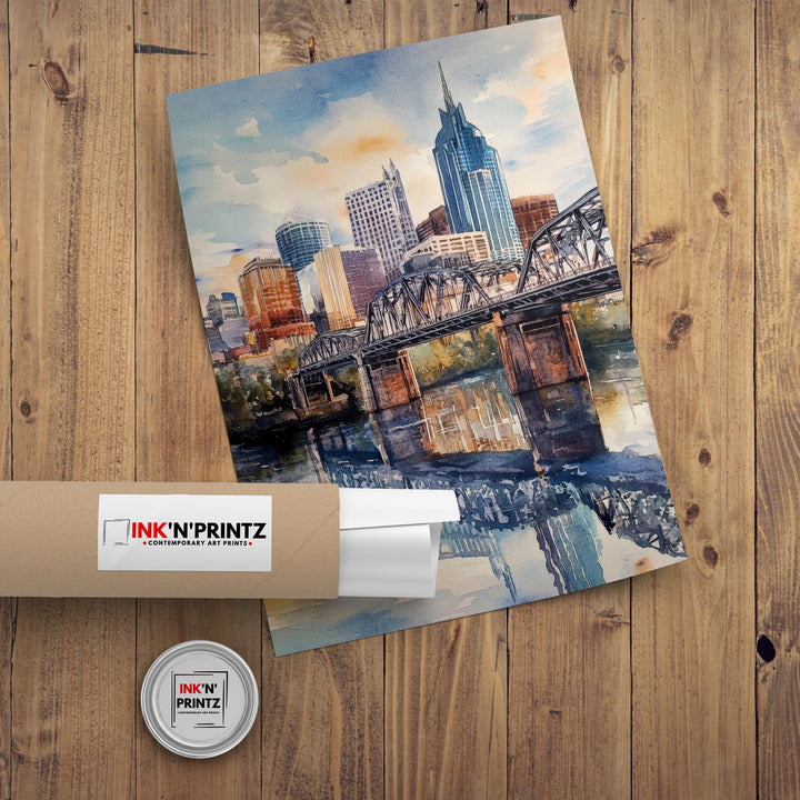 Nashville Watercolor Painting Tennessee City Art Nashville Skyline Poster Urban Watercolor Nashville