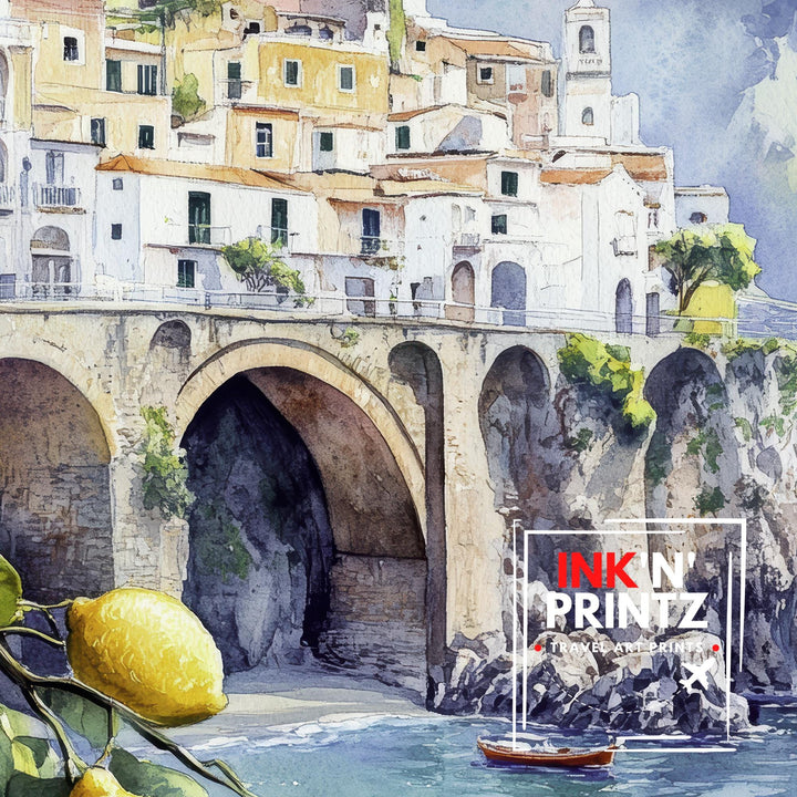 Amalfi Coast Watercolor Painting Italian Coastal Art Amalfi Poster Scenic Italy Watercolor Coastal Decor