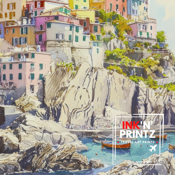 Cinque Terre Watercolor Painting Italian Coastal Art Cinque Terre Poster Scenic Italy Watercolor Village Decor