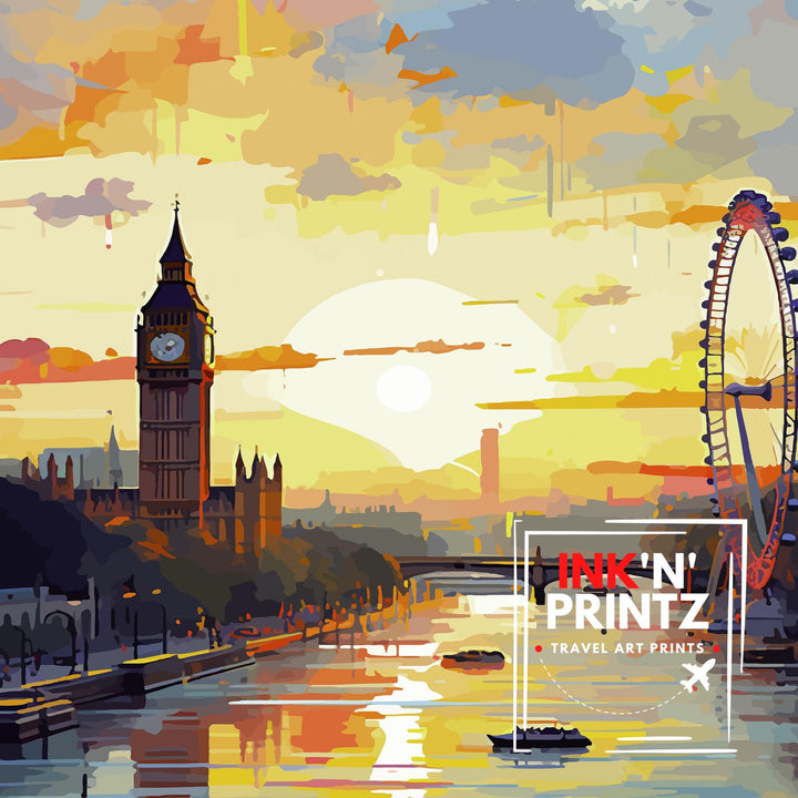 London Travel Poster UK City Art London Skyline Print Scenic London Poster Big Ben Decor London Wall Art