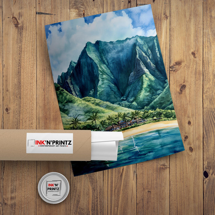 Oahu Watercolor Painting Hawaii Landscape Art Oahu Poster Scenic Hawaiian Art Watercolor Beach Decor Tropical Island Art