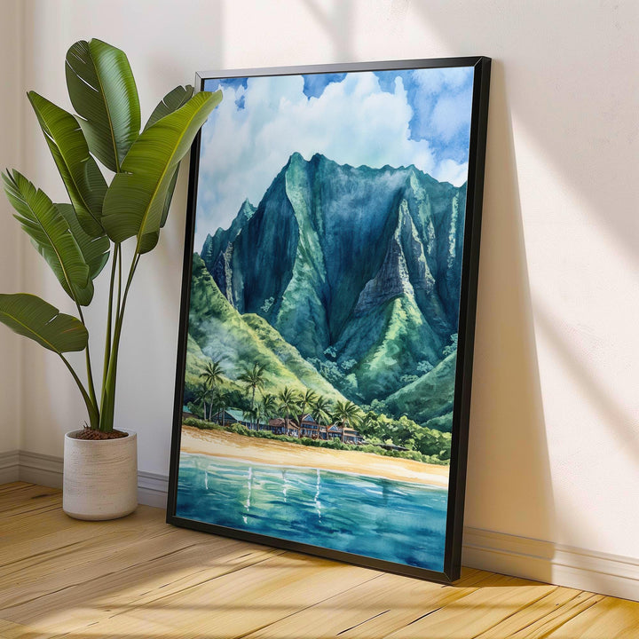 Oahu Watercolor Painting Hawaii Landscape Art Oahu Poster Scenic Hawaiian Art Watercolor Beach Decor Tropical Island Art