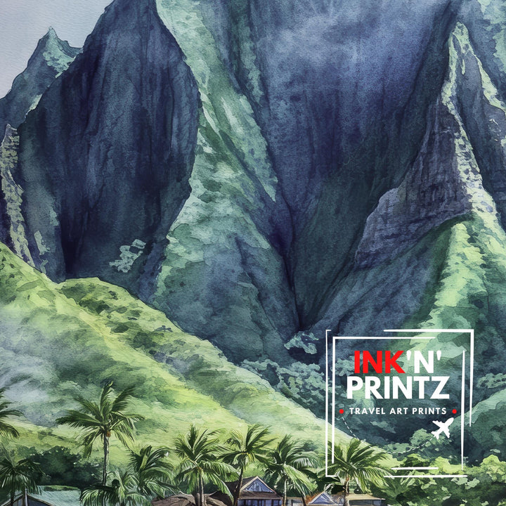 Oahu Watercolor Painting Hawaii Landscape Art Oahu Poster Scenic Hawaiian Art Watercolor Beach Decor Tropical Island Art