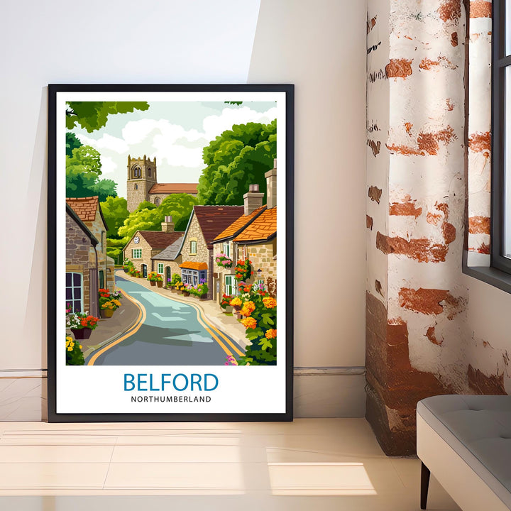 Belford Northumberland Travel Poster UK Village Art Belford Poster Scenic Northumberland Poster British Countryside Decor