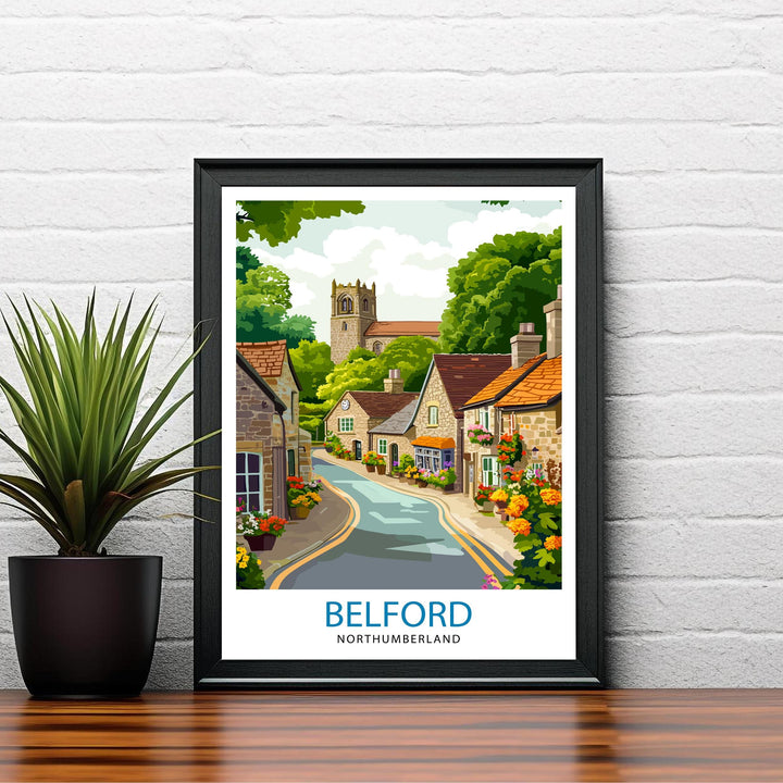Belford Northumberland Travel Poster UK Village Art Belford Poster Scenic Northumberland Poster British Countryside Decor