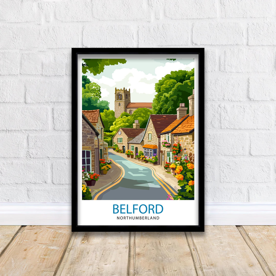Belford Northumberland Travel Poster UK Village Art Belford Poster Scenic Northumberland Poster British Countryside Decor