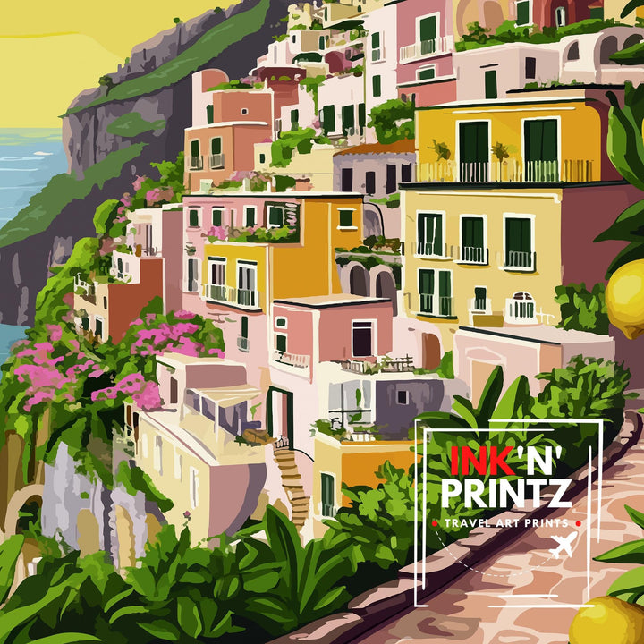 Positano Italy Travel Poster Amalfi Coast Art Positano Print Scenic Italian Village Poster Positano Beach Decor