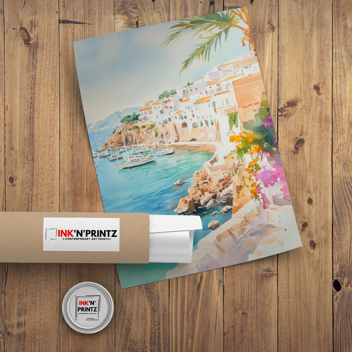 Ibiza Watercolor Painting Spanish Island Art Ibiza Print Scenic Mediterranean Decor Ibiza Beach Art