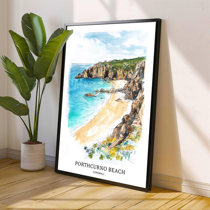 Porthcurno Beach Watercolor Painting Cornwall Beach Art Porthcurno Print Scenic Seaside Decor