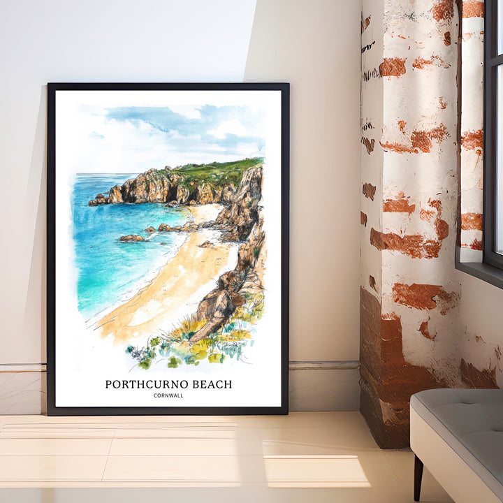 Porthcurno Beach Watercolor Painting Cornwall Beach Art Porthcurno Print Scenic Seaside Decor