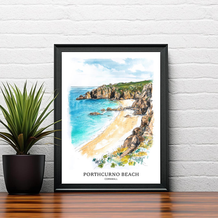 Porthcurno Beach Watercolor Painting Cornwall Beach Art Porthcurno Print Scenic Seaside Decor