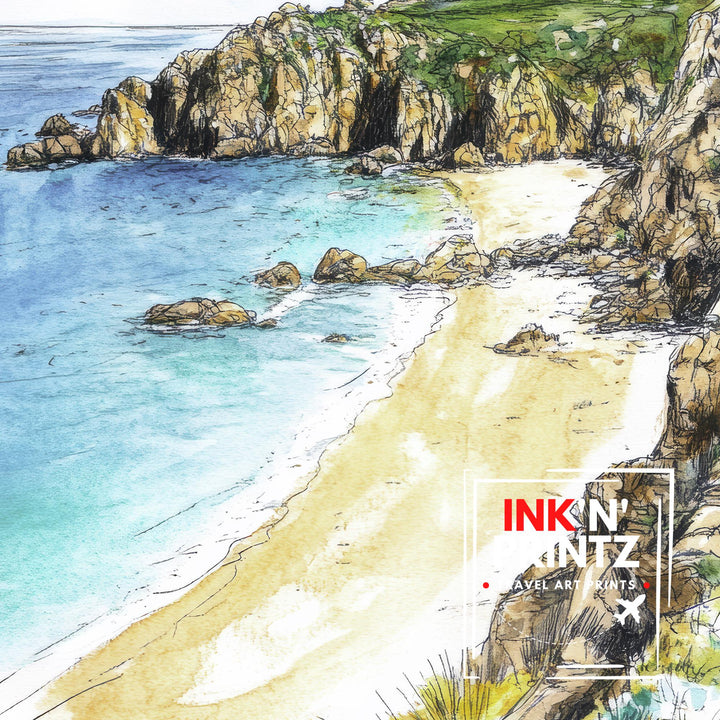 Porthcurno Beach Watercolor Painting Cornwall Beach Art Porthcurno Print Scenic Seaside Decor
