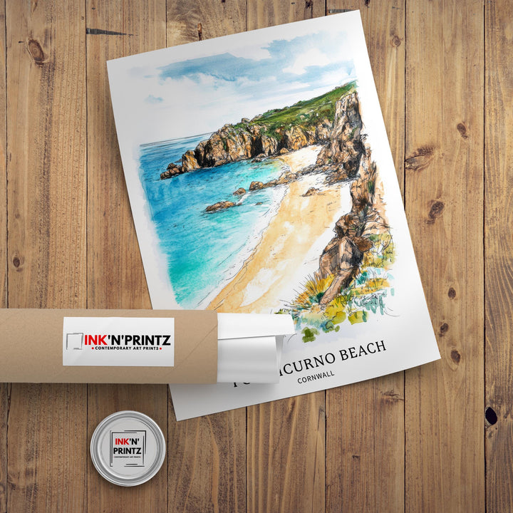 Porthcurno Beach Watercolor Painting Cornwall Beach Art Porthcurno Print Scenic Seaside Decor