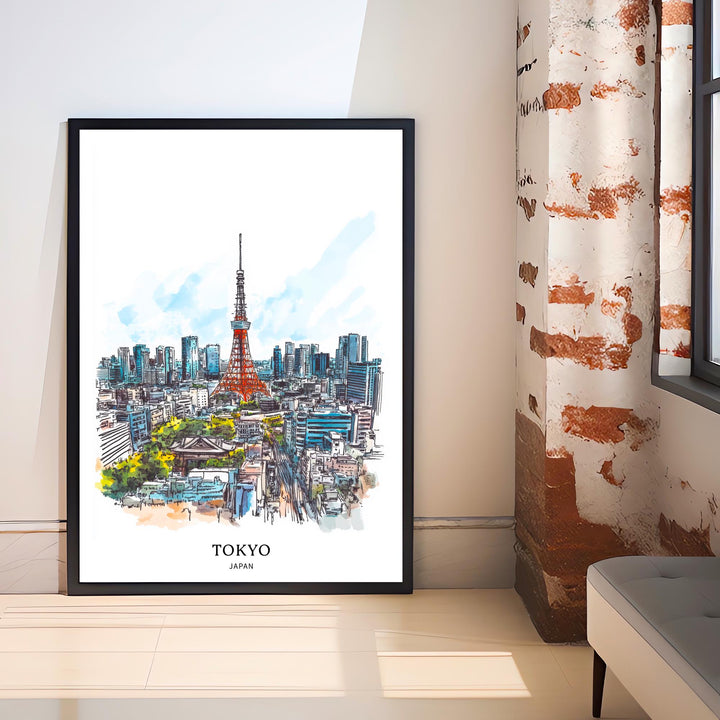 Tokyo Japan Watercolor Painting Tokyo Skyline Art Japan Print Scenic Cityscape Watercolor Decor
