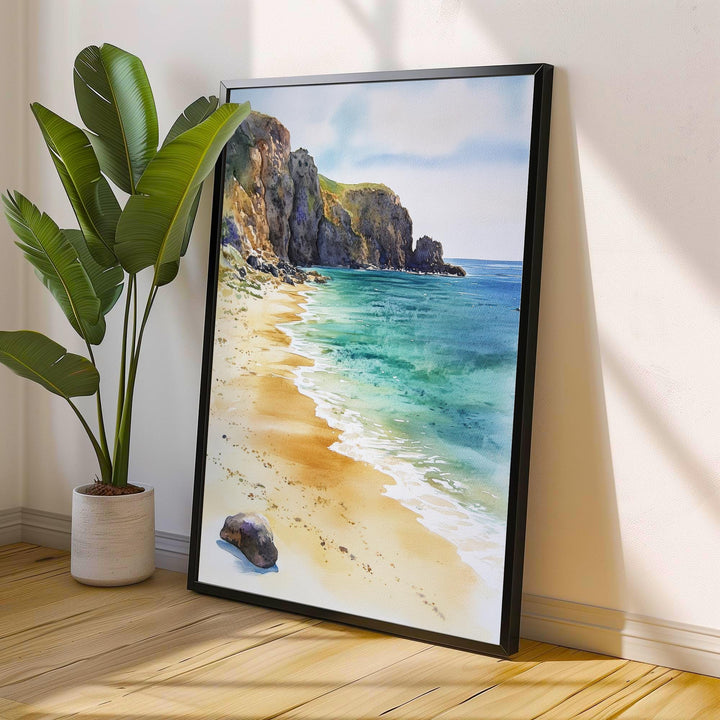 Porthcurno Beach Watercolor Painting Cornwall Beach Art Porthcurno Print Scenic Seaside Decor
