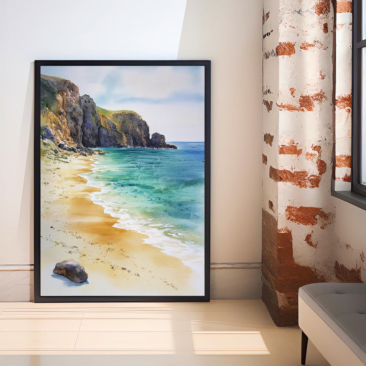 Porthcurno Beach Watercolor Painting Cornwall Beach Art Porthcurno Print Scenic Seaside Decor