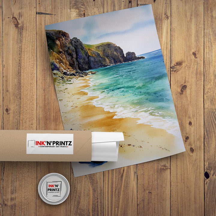 Porthcurno Beach Watercolor Painting Cornwall Beach Art Porthcurno Print Scenic Seaside Decor