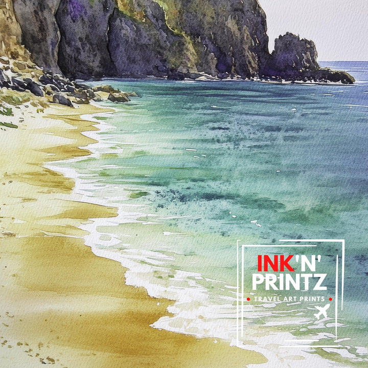 Porthcurno Beach Watercolor Painting Cornwall Beach Art Porthcurno Print Scenic Seaside Decor