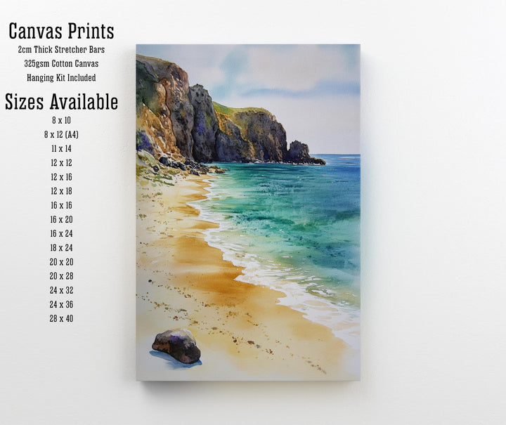 Porthcurno Beach Watercolor Painting Cornwall Beach Art Porthcurno Print Scenic Seaside Decor