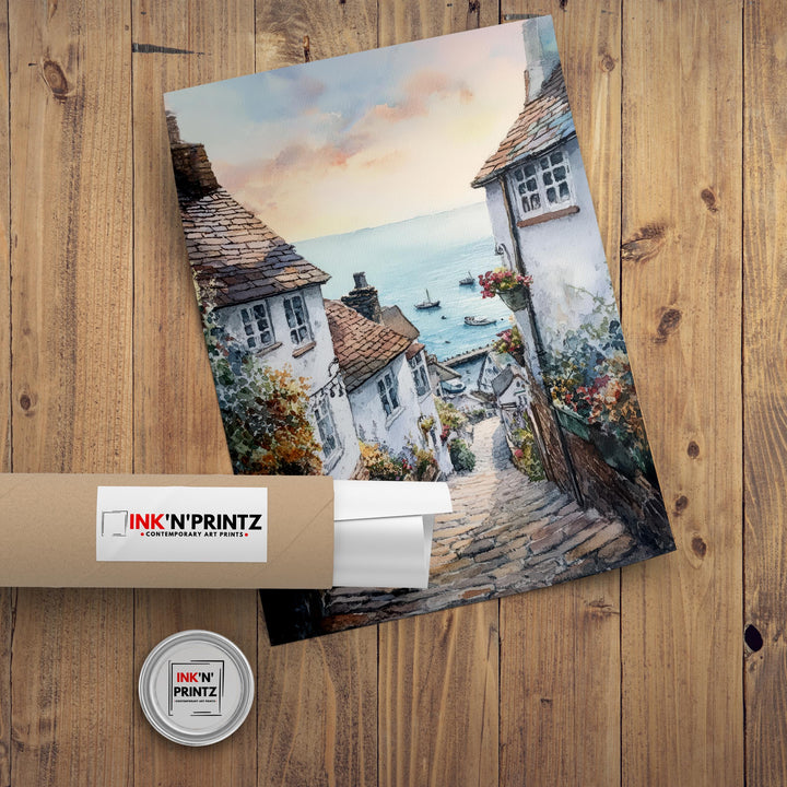 Clovelly Watercolor Painting Devon Village Art Clovelly Print Scenic Seaside Decor