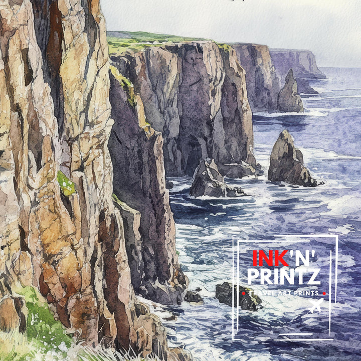 Land's End Watercolor Painting Cornwall Coastal Art Land's End Print Scenic Seaside Decor