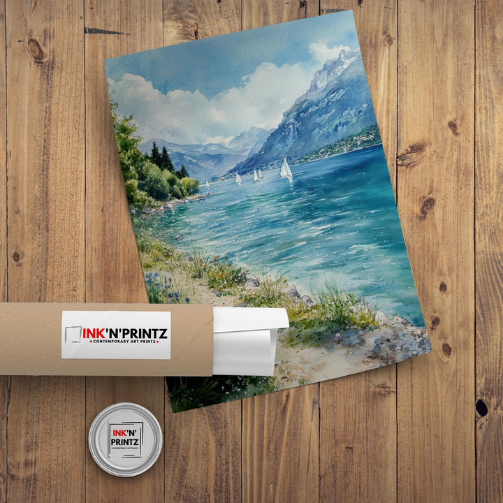 Lake Annecy Watercolor Painting French Alps Art Annecy Print Scenic Lake Decor Watercolor Landscape