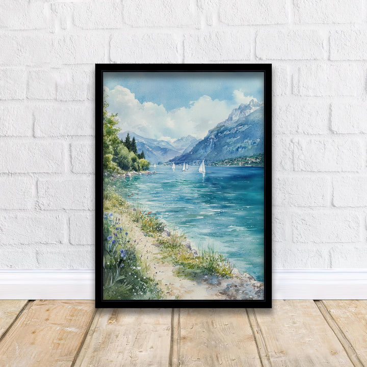 Lake Annecy Watercolor Painting French Alps Art Annecy Print Scenic Lake Decor Watercolor Landscape