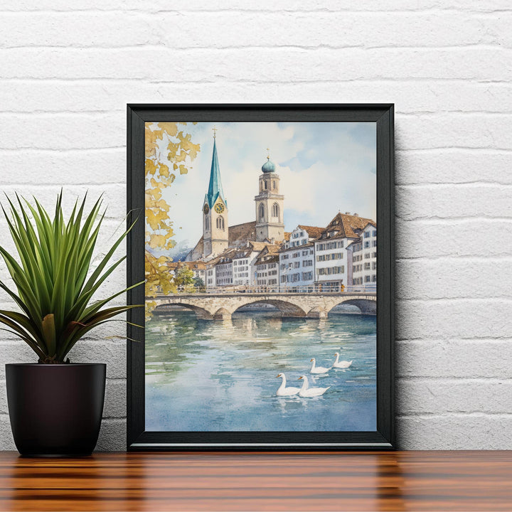 Zurich Watercolor Painting Swiss City Art Zurich Print Scenic Swiss Landscape Decor