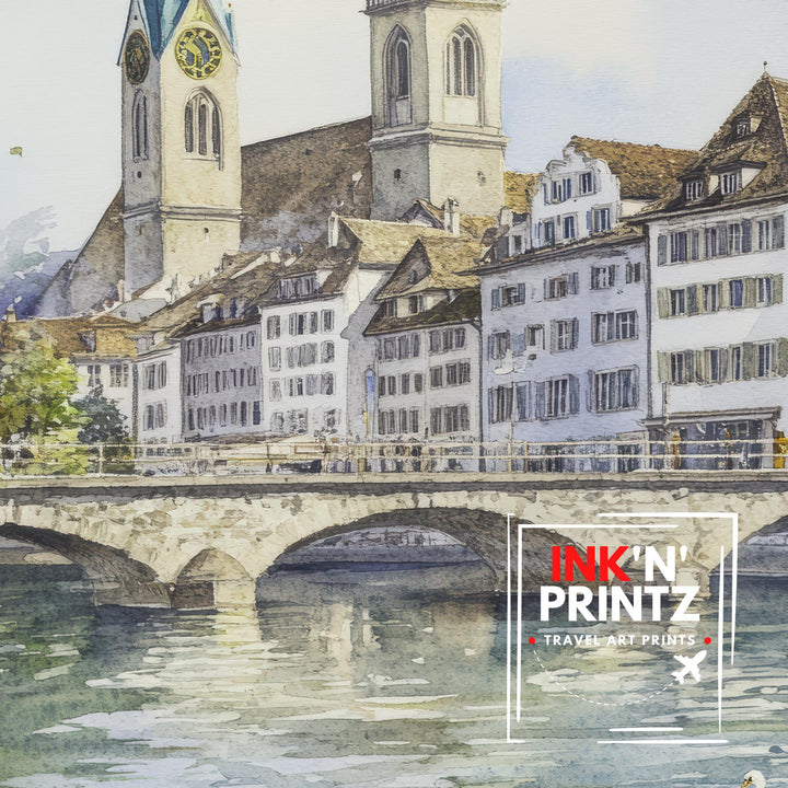Zurich Watercolor Painting Swiss City Art Zurich Print Scenic Swiss Landscape Decor