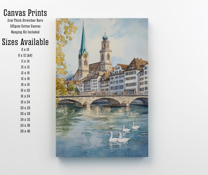 Zurich Watercolor Painting Swiss City Art Zurich Print Scenic Swiss Landscape Decor