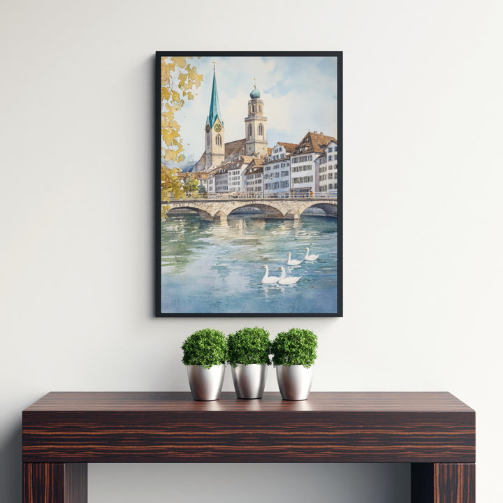Zurich Watercolor Painting Swiss City Art Zurich Print Scenic Swiss Landscape Decor