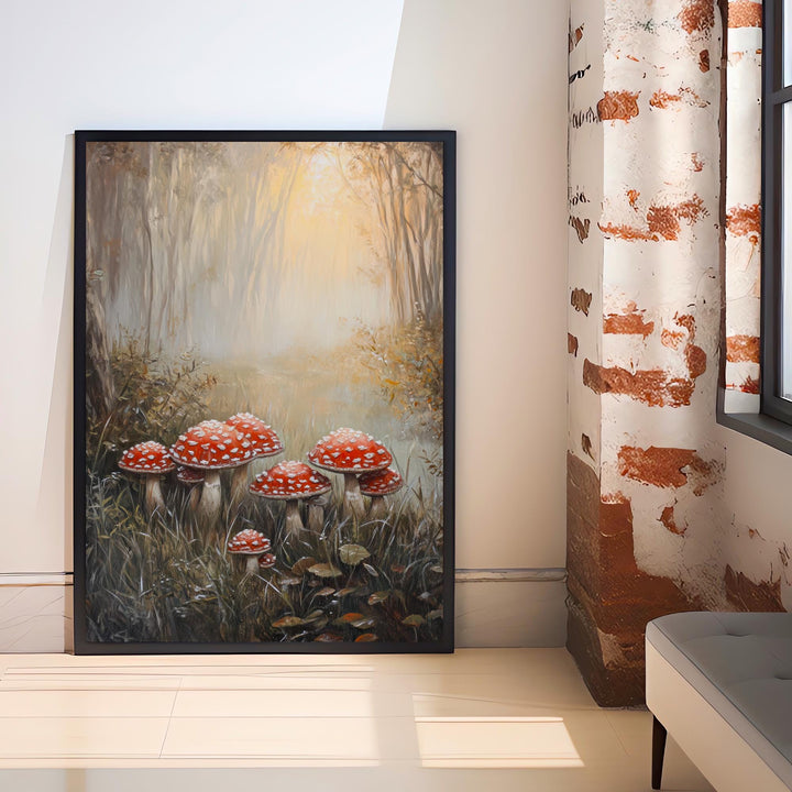 Toadstools in Misty Field Art Print Cottagecore Decor Whimsical Woodland Wall Art Vintage Nature Poster for Cozy Homes and Forest Inspired