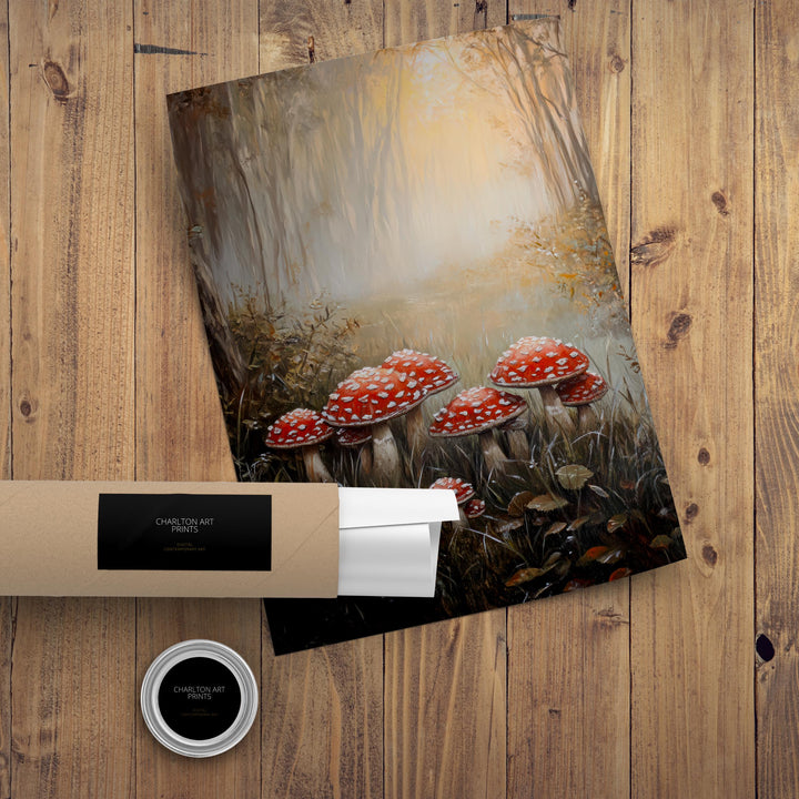 Toadstools in Misty Field Art Print Cottagecore Decor Whimsical Woodland Wall Art Vintage Nature Poster for Cozy Homes and Forest Inspired
