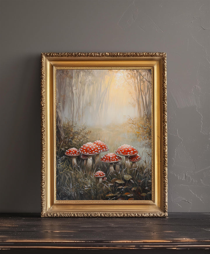 Toadstools in Misty Field Art Print Cottagecore Decor Whimsical Woodland Wall Art Vintage Nature Poster for Cozy Homes and Forest Inspired