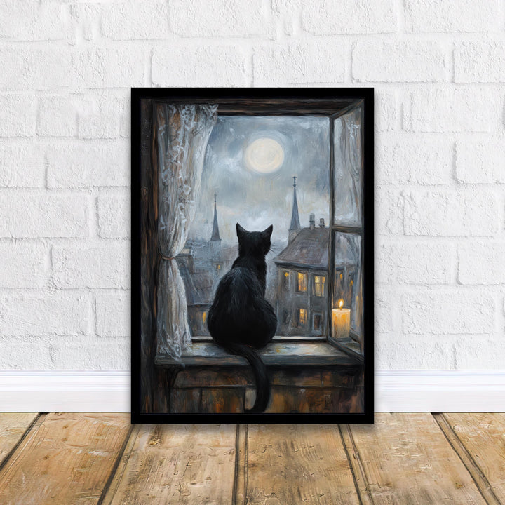 Black Cat on Windowsill Art Print Cottagecore Cozy Home Decor Whimsical Feline Wall Art
