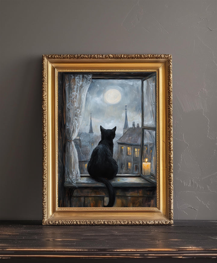 Black Cat on Windowsill Art Print Cottagecore Cozy Home Decor Whimsical Feline Wall Art