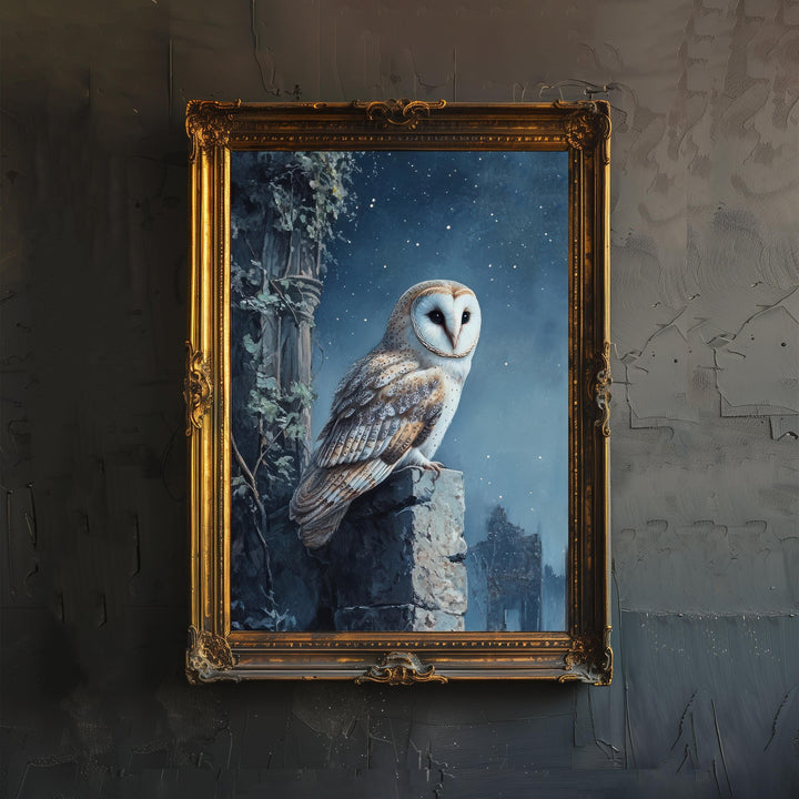 Barn Owl in Ivy Ruins Art Print Cottagecore Woodland Bird Decor Gothic Nature Wall Art