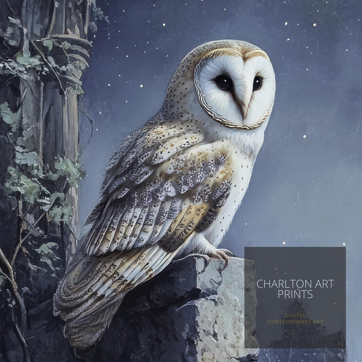 Barn Owl in Ivy Ruins Art Print Cottagecore Woodland Bird Decor Gothic Nature Wall Art