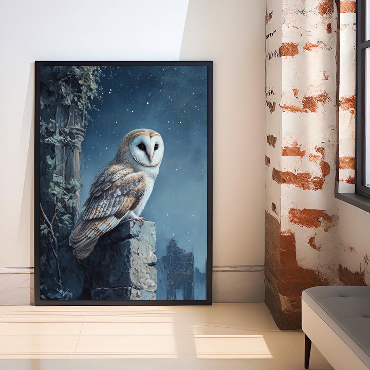 Barn Owl in Ivy Ruins Art Print Cottagecore Woodland Bird Decor Gothic Nature Wall Art