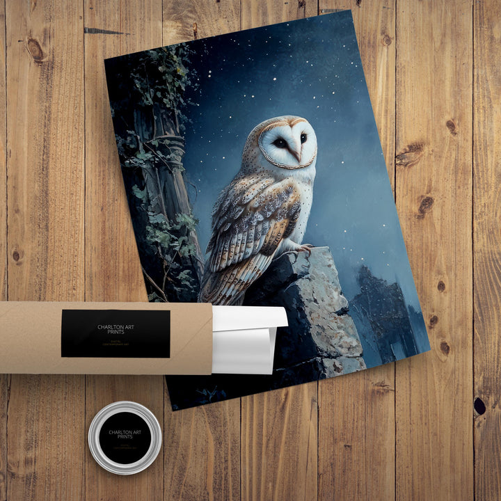 Barn Owl in Ivy Ruins Art Print Cottagecore Woodland Bird Decor Gothic Nature Wall Art
